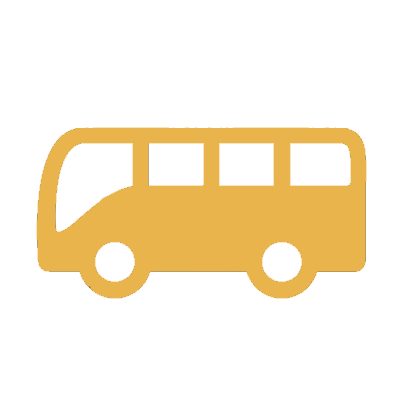 Yellow bus icon with three windows and two wheels, in a simple flat design.