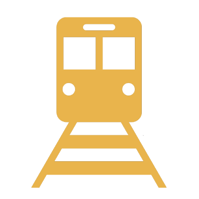 Yellow train icon viewed from the front on tracks.